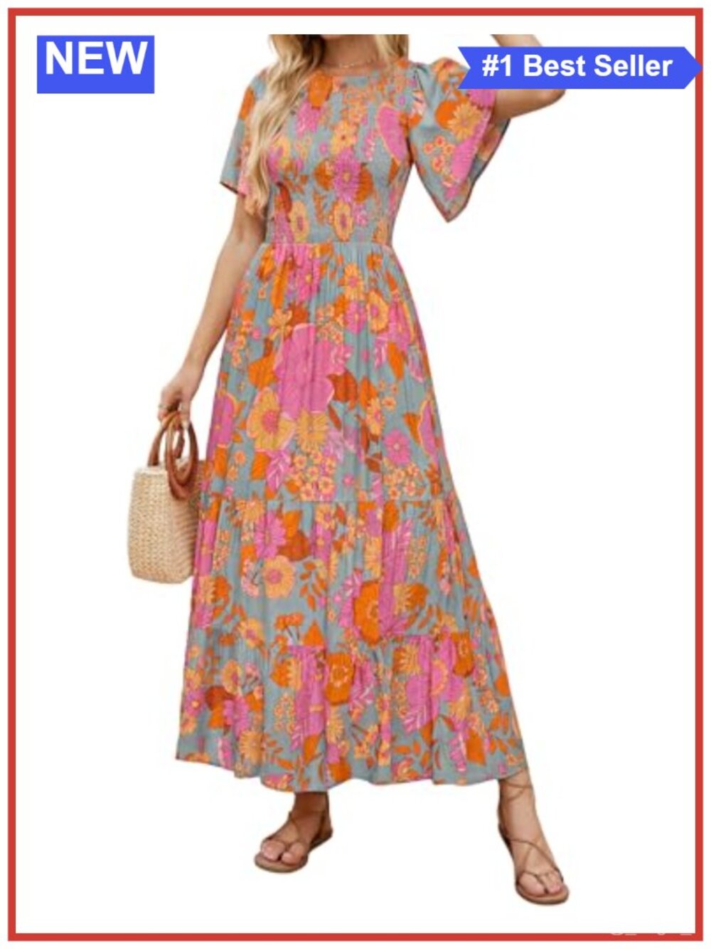 Women's Summer Boho Floral Smocked Short Sleeve Maxi Dress
